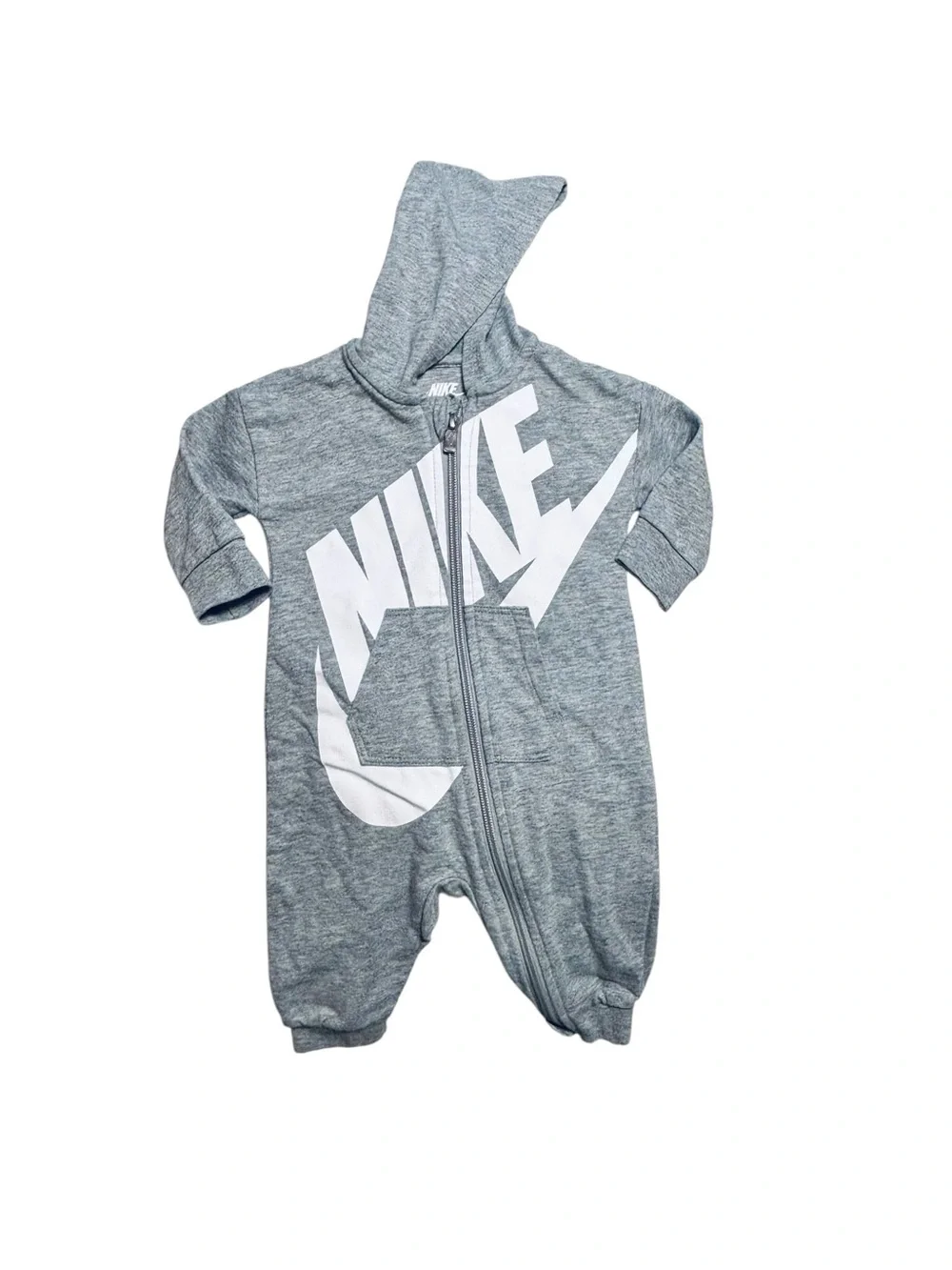 Nike Gray Hooded Baby One-Piece with White Logo 6M 4 0584